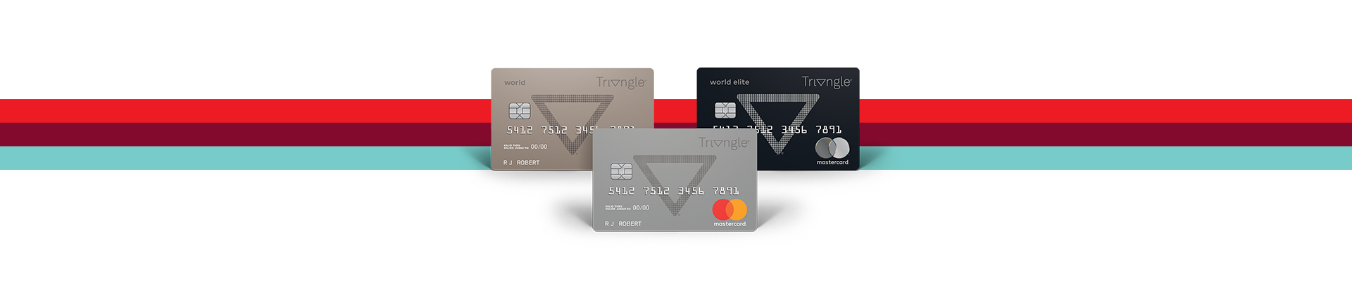 three credit cards in front of a red and blue striped background