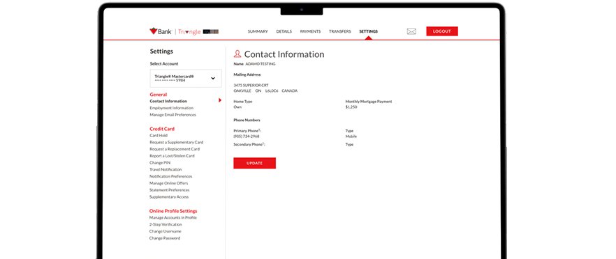 a laptop displays the contact information settings page of the canadian tire bank account management site which shows details such as mailing address and phone number