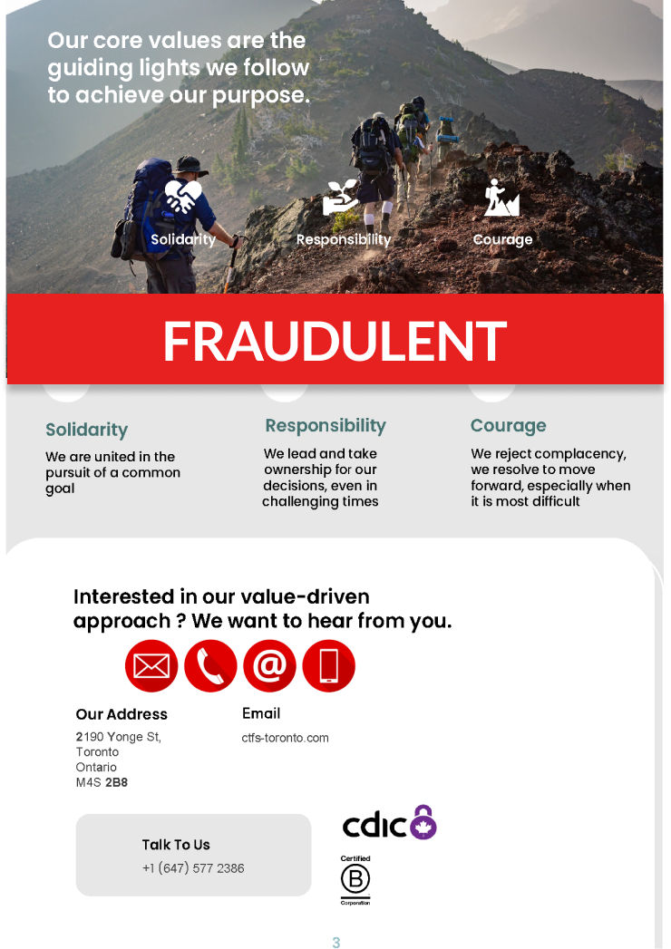 Example of a Fraudulent handout highlighting Canadian Tire Bank's core values and different ways of contacting the Bank 
