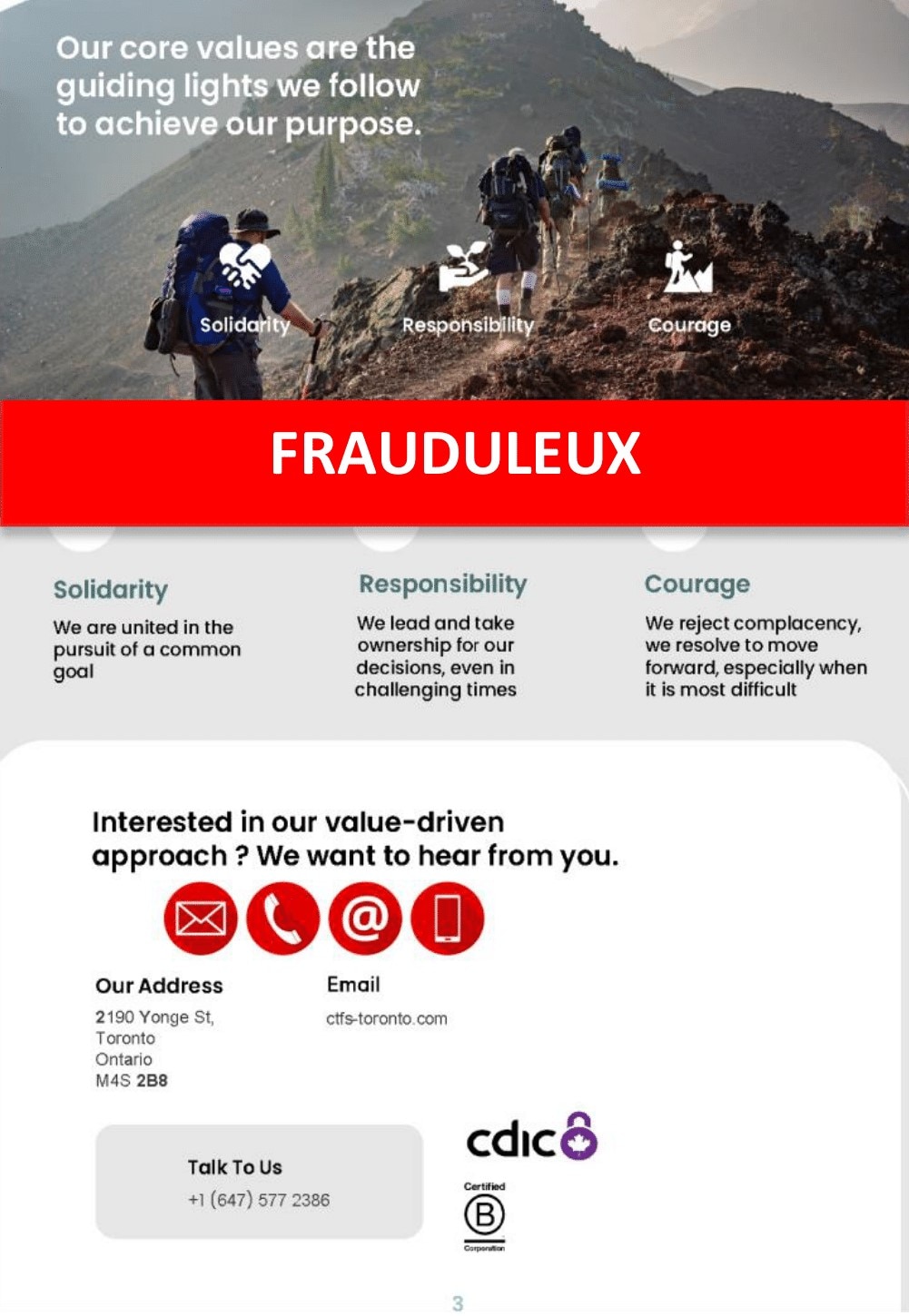 Exemple d'un document frauduleux présentant les valeurs fondamentales de la Banque Canadian Tire et les différentes façons de contacter la Banque 