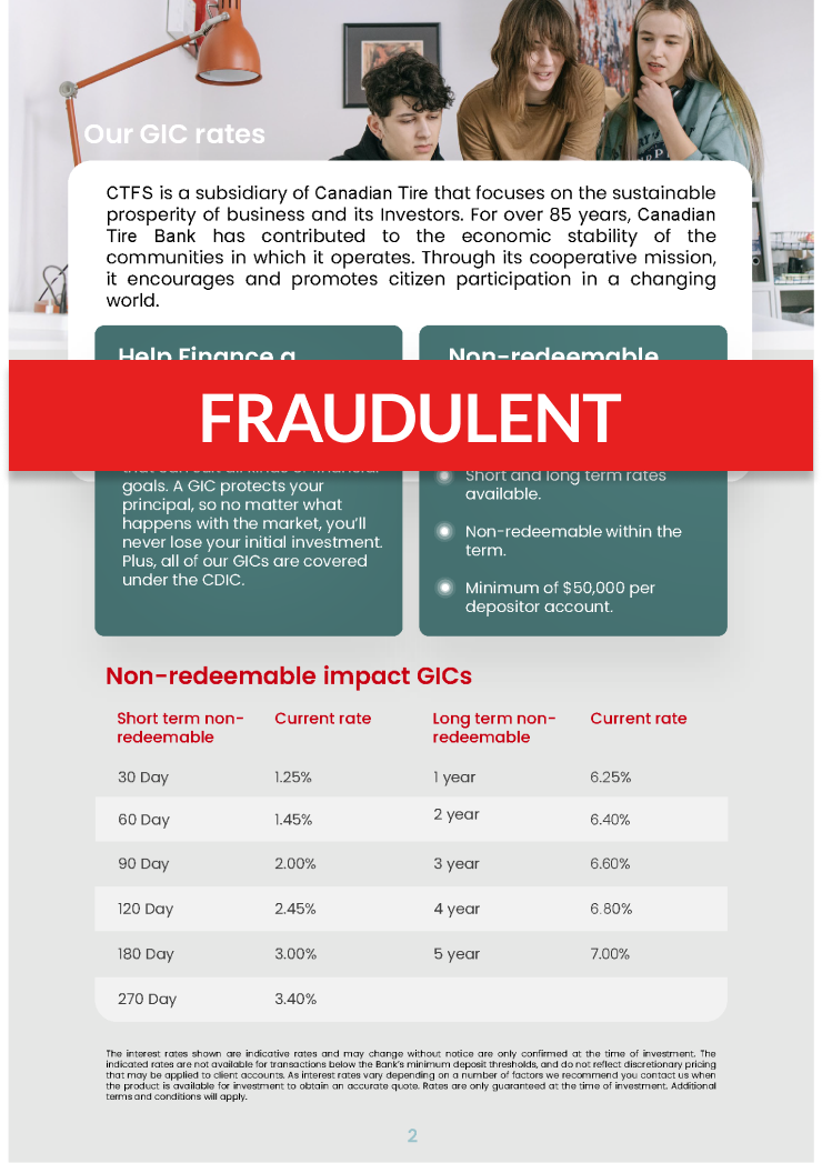 Example of Fraudsters, claiming to be representatives of Canadian Tire Bank, promoting inaccurate non-redeemable GIC rates