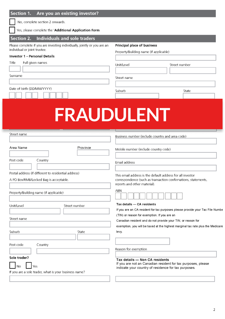 Example of a Fraudulent GIC application form with the intent to steal personal information such as date of birth and tax details