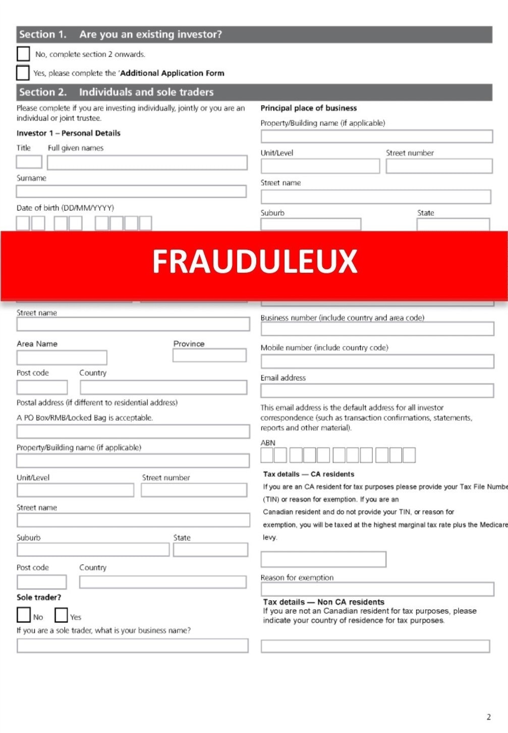 Exemple d'un formulaire de demande de CPG frauduleux dans le but de voler des renseignements personnels tels que la date de naissance et les données fiscales